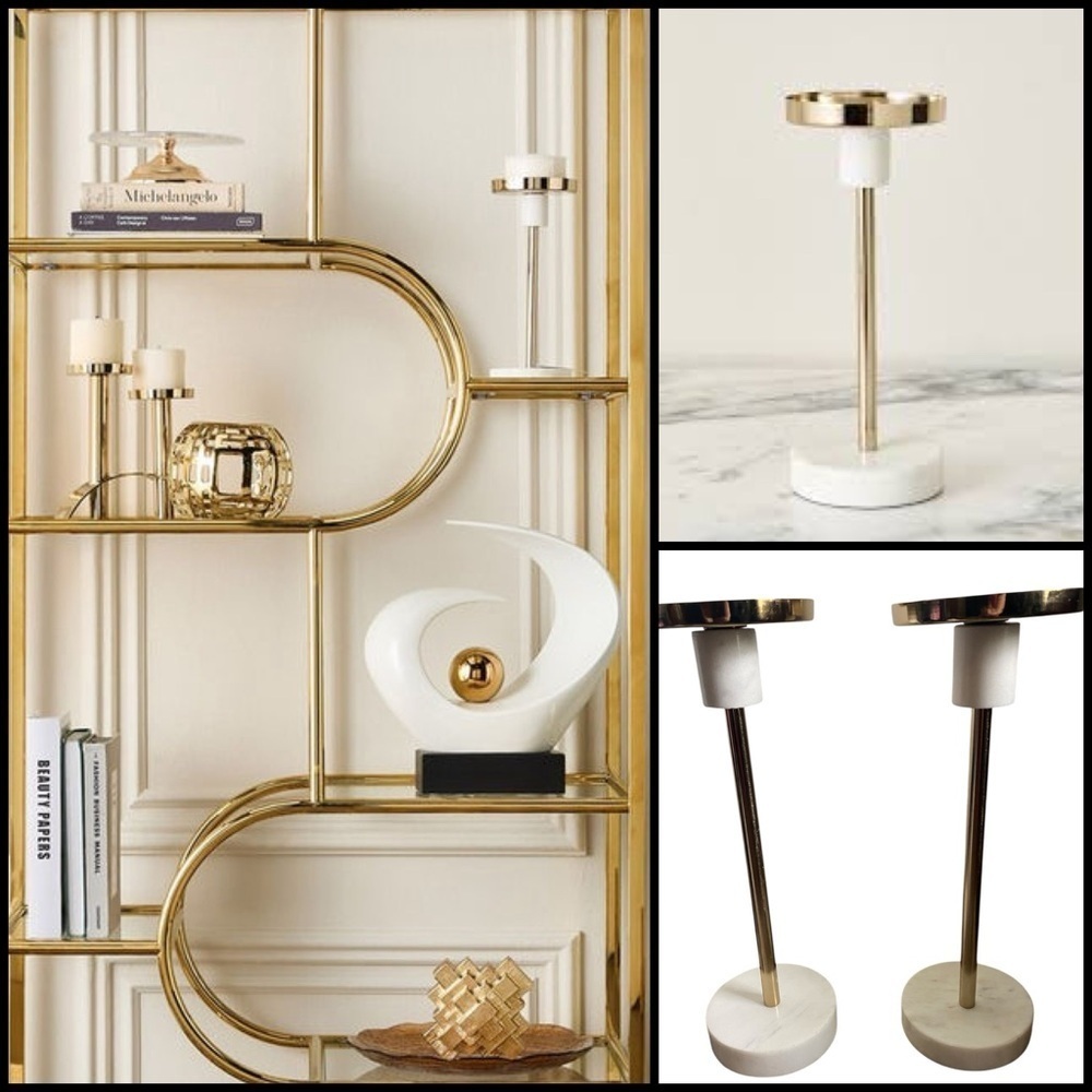 2 Global Luxe Pillar Marble Stone White & Gold Modern Chic Candleholder 12”H